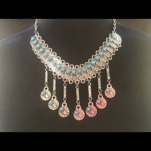 Boho Silver Tone Turquoise Coin Dangle Necklace